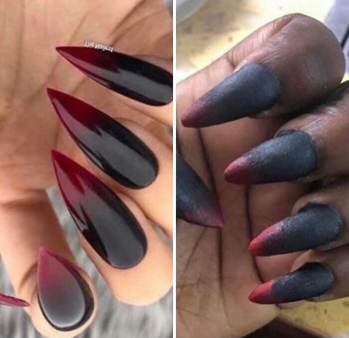 Comparison of ordered glossy black and red pointed nails versus received rough textured and uneven nail fail.