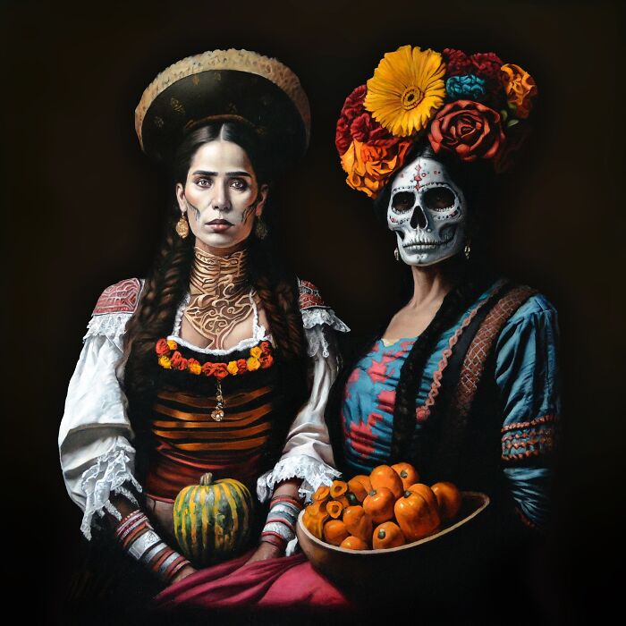 Two colorful paintings celebrating women’s strength and beauty with traditional and Day of the Dead motifs.