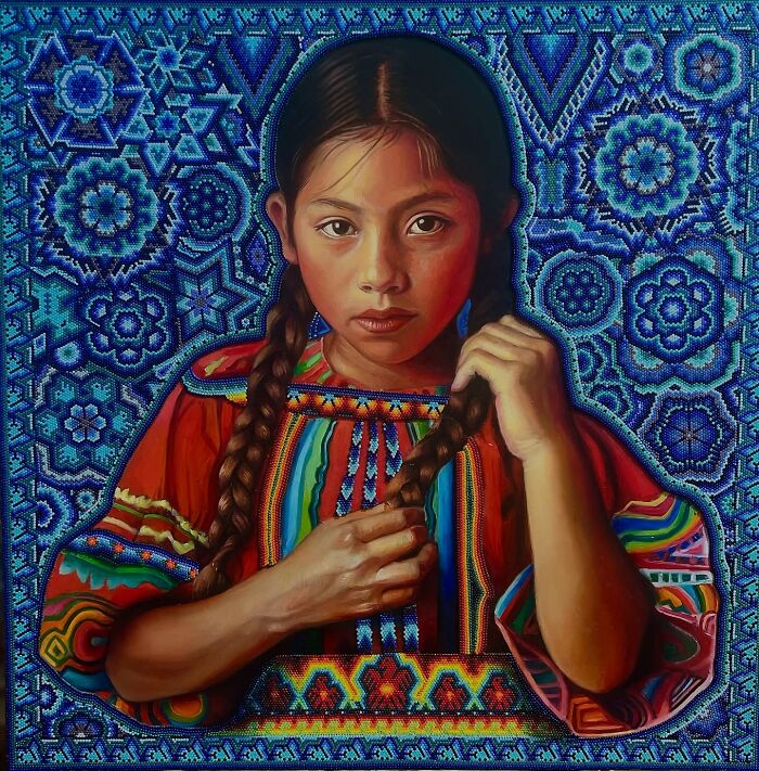 Young woman in colorful traditional clothing featured in vibrant paintings celebrating women’s strength and beauty across cultures.