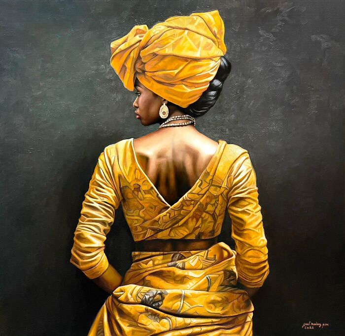 African woman wearing vibrant yellow traditional attire, symbolizing women’s strength and beauty in a colorful painting.