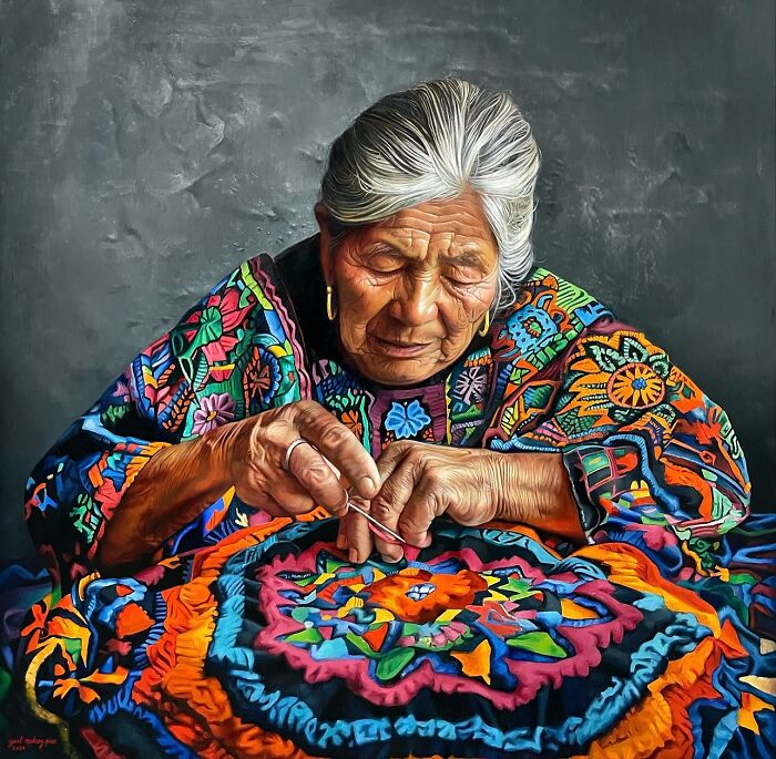 Elderly woman in colorful traditional attire, showcasing strength and beauty through detailed cultural painting.
