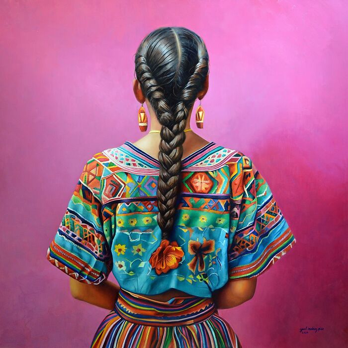 Woman with braided hair wearing colorful traditional clothing, representing women's strength and beauty in a vibrant painting.