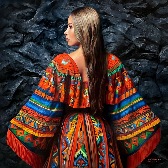 Woman in a colorful painting wearing a vibrant traditional dress, celebrating strength and beauty across cultures.