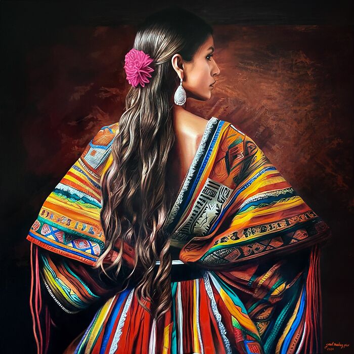 Woman in colorful traditional clothing with long hair and pink flower, celebrating women’s strength and beauty through painting.