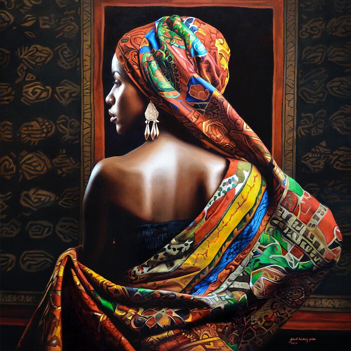 Portrait of a woman wrapped in colorful fabric, showcasing strength and beauty in a vibrant cultural painting.