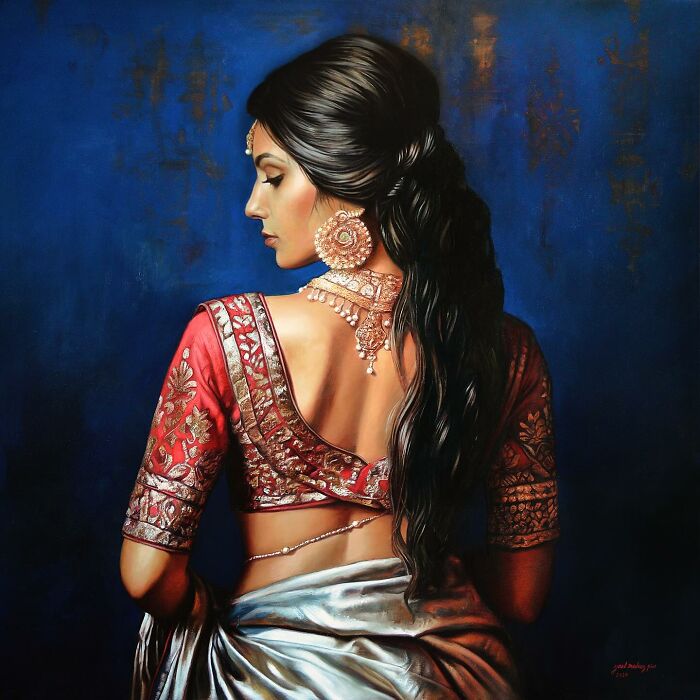 Elegant colorful painting of a woman showcasing strength and beauty in traditional attire against a dark blue background.