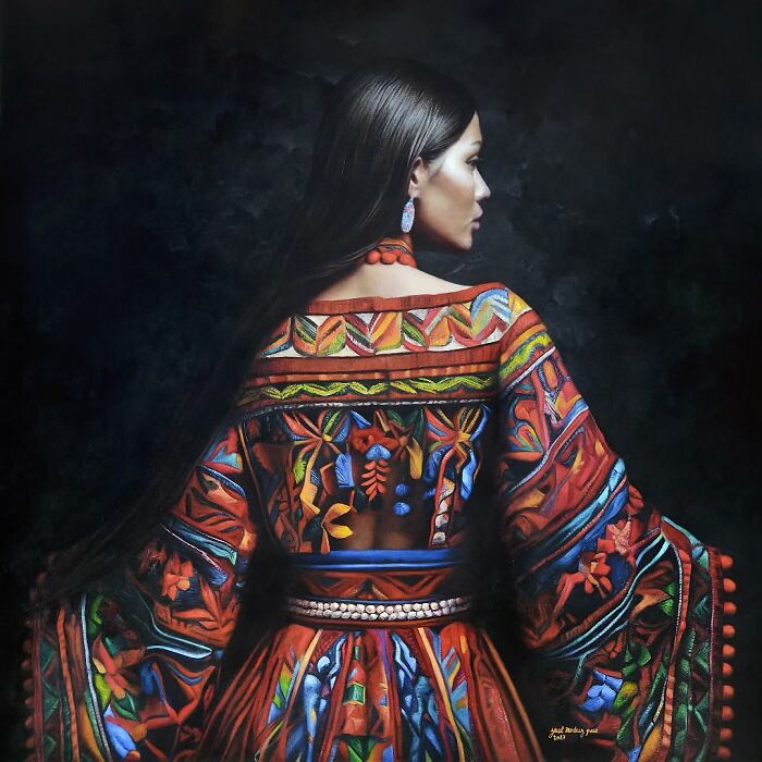 Woman in a colorful traditional dress showcasing strength and beauty in a vibrant cultural painting.