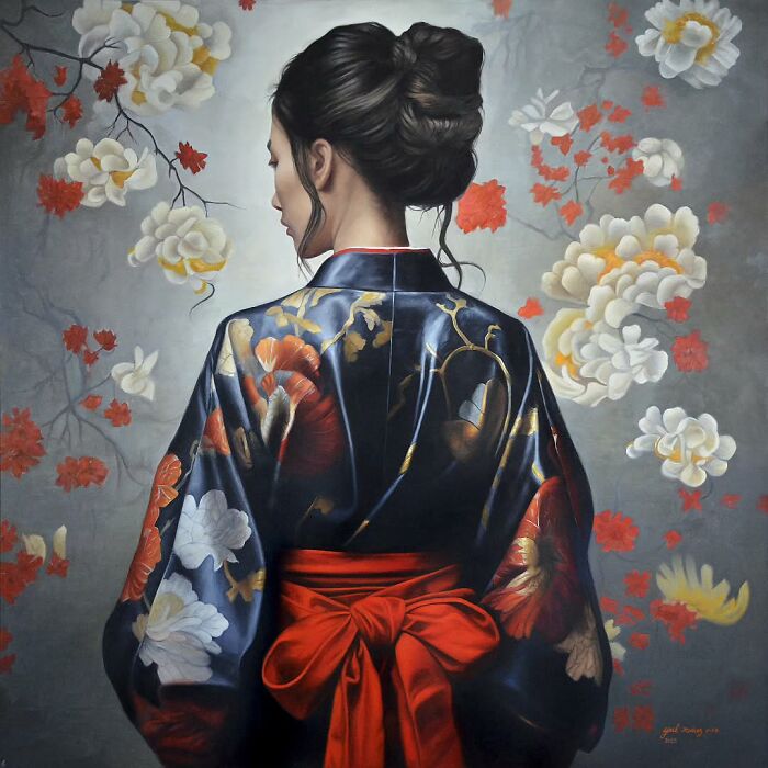 Woman in a colorful painting wearing a traditional kimono, celebrating women’s strength and beauty across cultures.