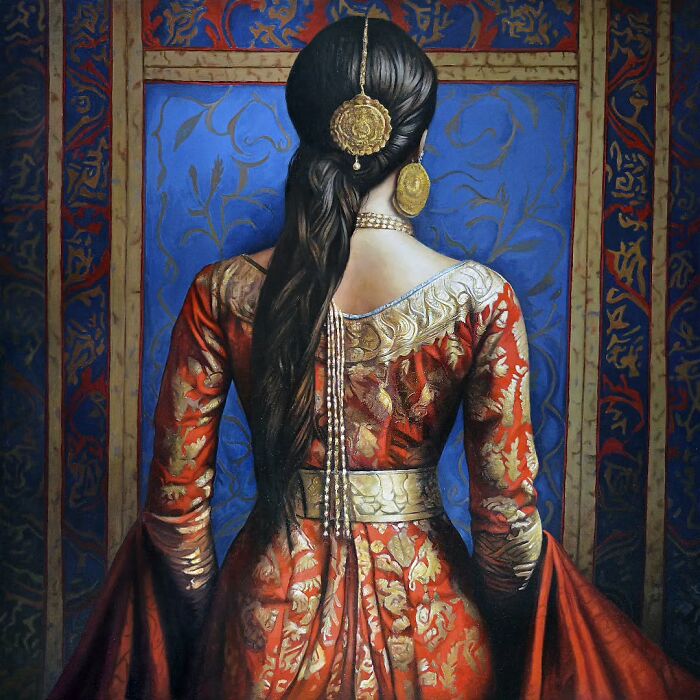 Woman in colorful traditional dress and gold jewelry, showcasing strength and beauty in a vibrant cultural painting.