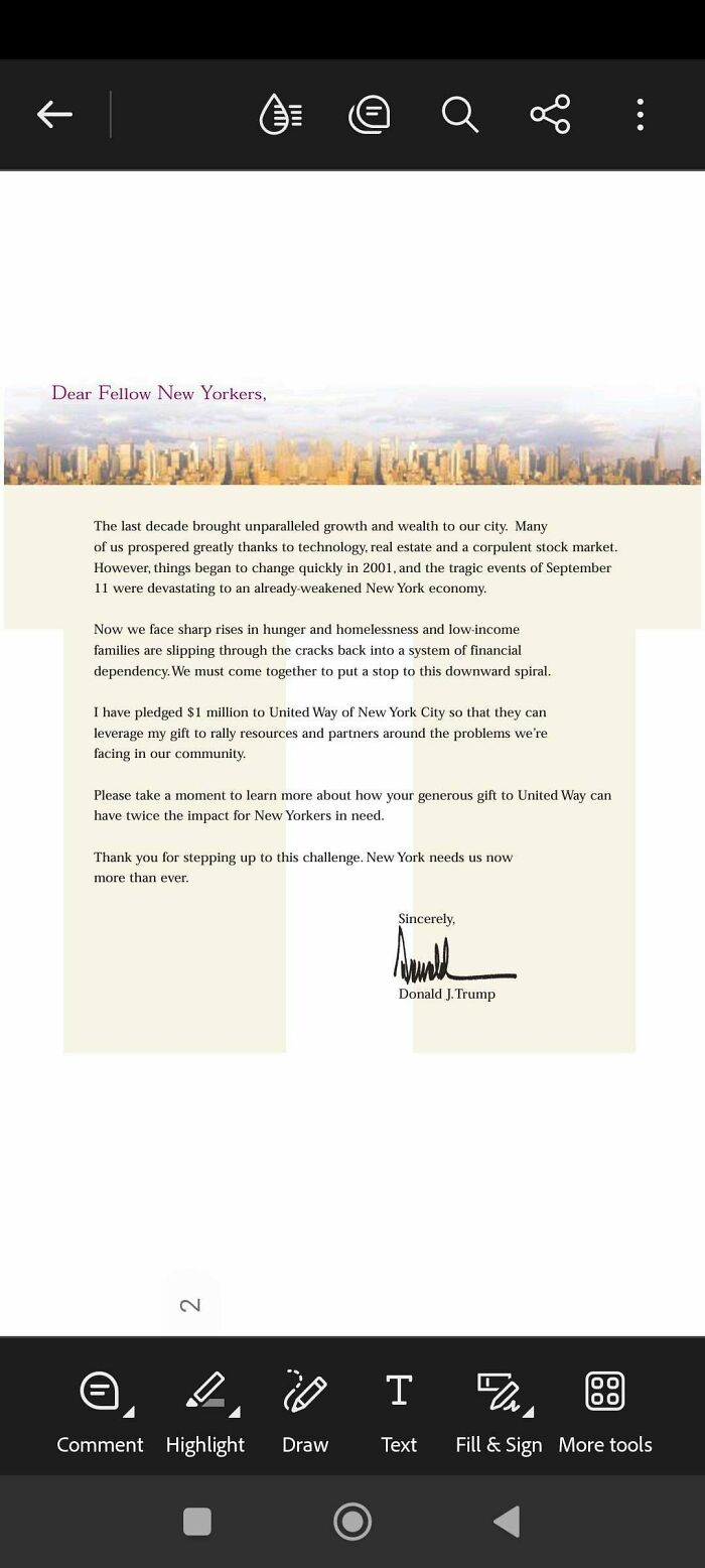 Letter signed by Donald J. Trump addressing New Yorkers about financial challenges and pledging a donation, a there was an attempt fail pic.