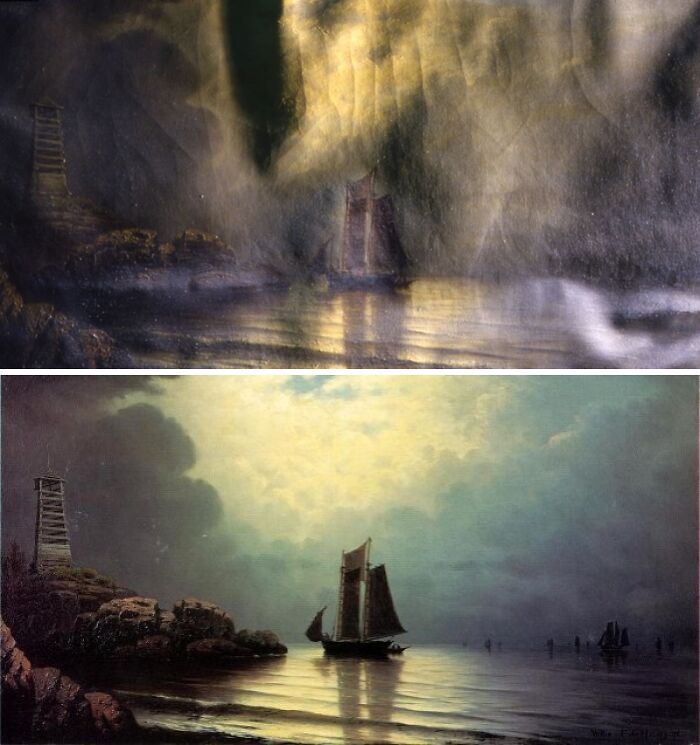 Before-and-after photos of restored historical painting showing a ship near rocky shore with improved clarity and color.