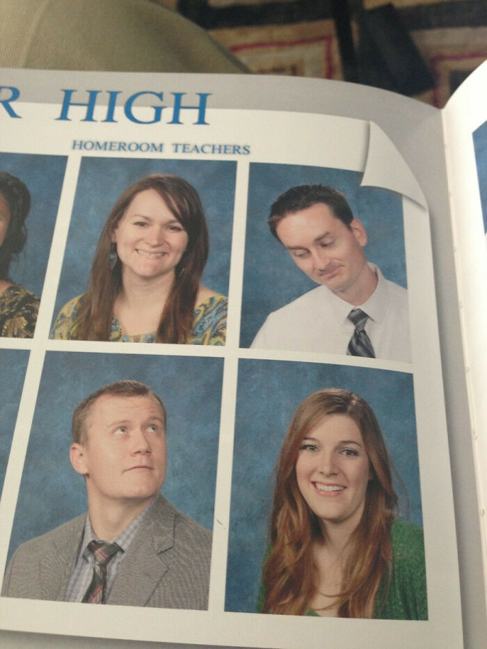 Yearbook photos of four funny teachers posing with humorous expressions, showcasing their sense of humor and personality.