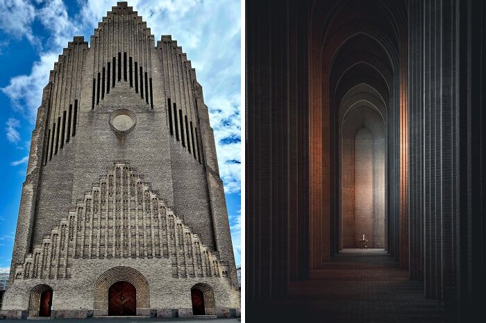 Exterior and interior views of a Danish prison cell with unique architectural design and minimalistic lighting.