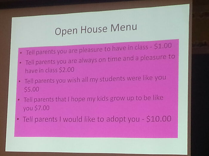 Humorous teacher's open house menu pricing compliments parents with witty and playful phrases in a classroom setting.