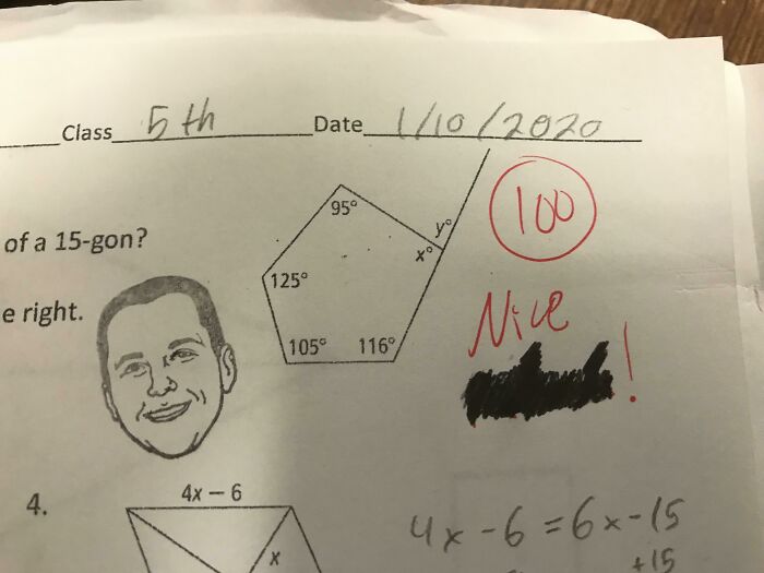 Fifth grade math test paper with geometry problem, teacher's humorous drawn face, and perfect score marked in red.