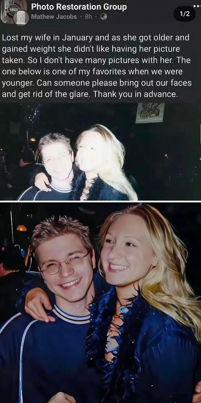 Before and after photo restoration showing a smiling young couple, highlighting relatable moments navigating life just a girl.