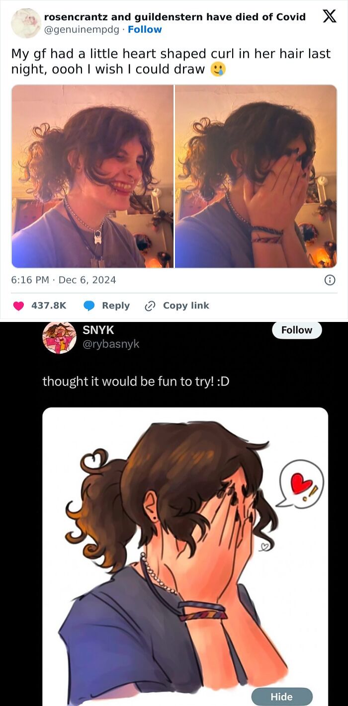 Two-panel photo and drawing of a girl with a heart-shaped curl in her hair, showcasing funny and relatable posts about just a girl.