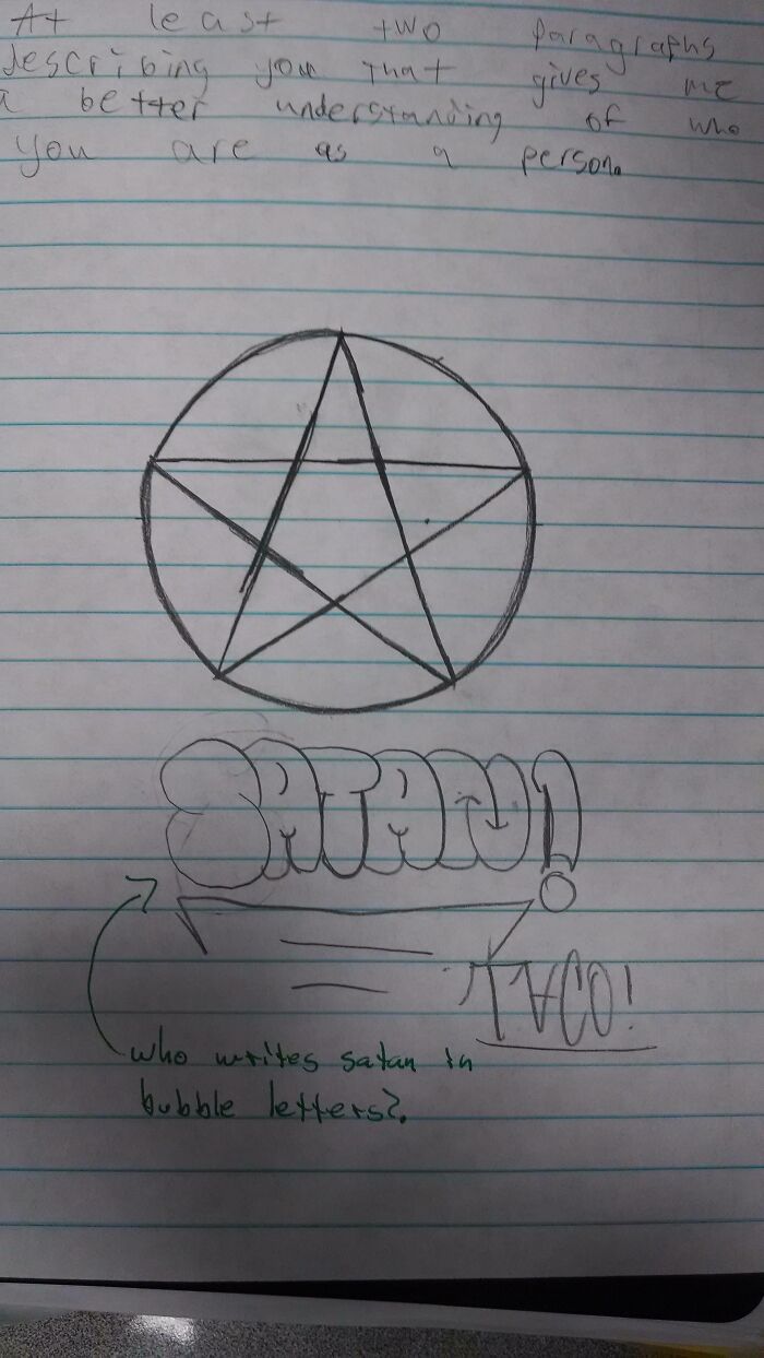 Hand-drawn pentagram and bubble letters spelling Satan with a humorous teacher's comment on lined notebook paper.
