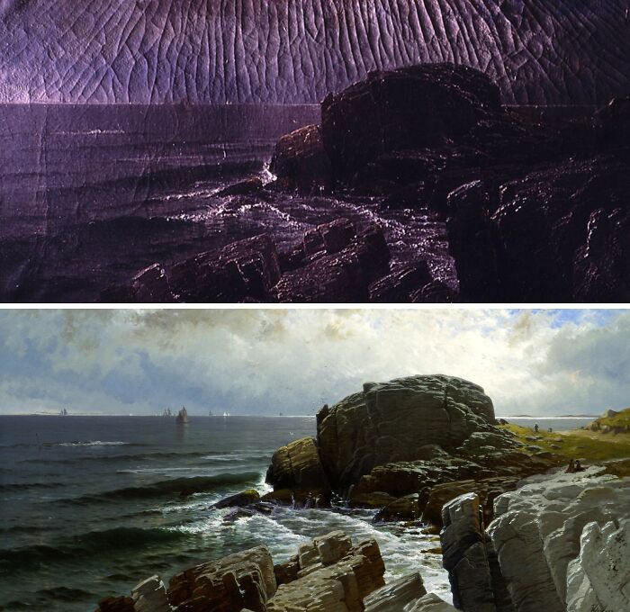 Before-and-after photos of restored historical paintings showing detailed improvements in color and texture.