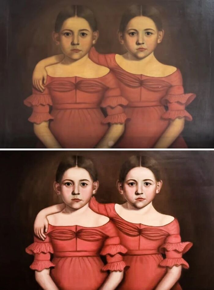 Before-and-after photos of restored historical painting showing two girls in red dresses with improved clarity and color.