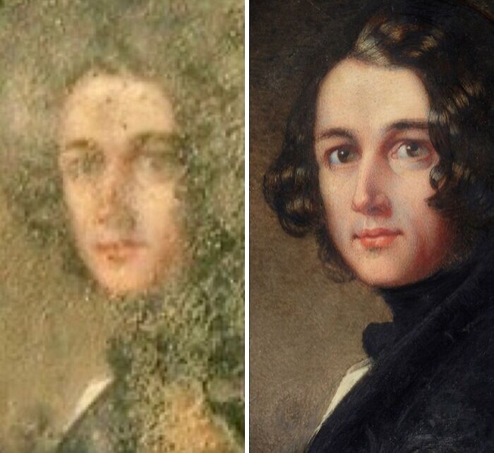 Before-and-after photos of a restored historical painting showing enhanced details and vibrant colors.