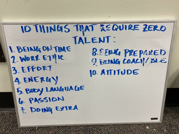 Whiteboard listing 10 things that require zero talent, shared in a screenshot explaining why people hate their boss.