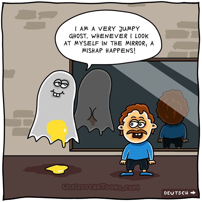 One-panel comic by Ohne Sinn featuring a jumpy ghost with a funny mishap in front of a mirror.