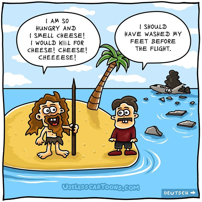 Bizarre and funny one-panel comic by Ohne Sinn showing two men stranded on an island after a plane crash.