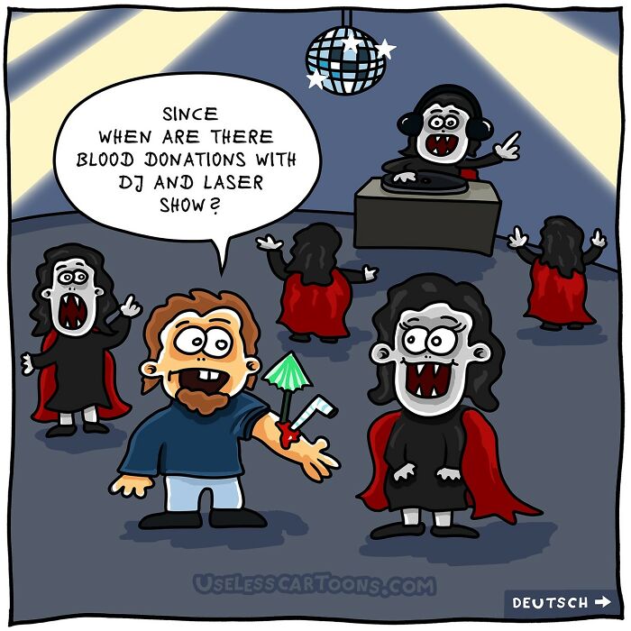 Bizarre and funny one-panel comic showing a blood donation event with vampires, DJ, and laser show in a dance club.