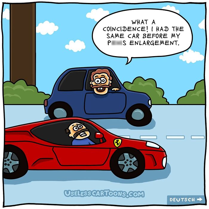 Bizarre and funny one-panel comic by Ohne Sinn showing two men in cars with a humorous conversation.