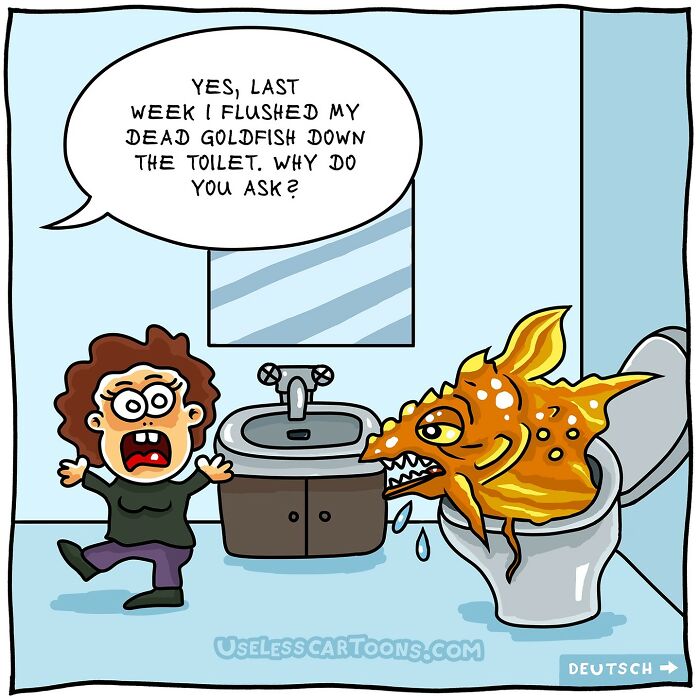 One-panel comic showing a shocked person and a scary goldfish emerging from a toilet, funny and bizarre comic humor.