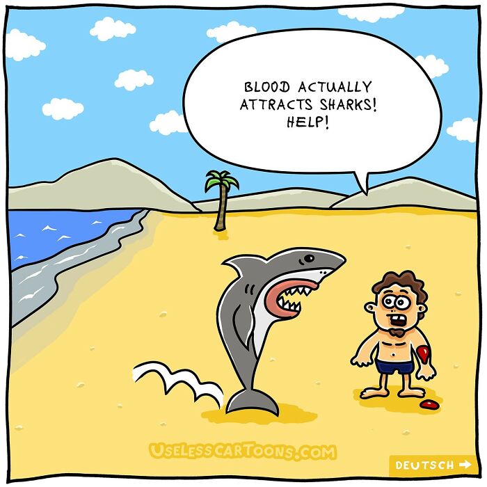 Funny one-panel comic by Ohne Sinn shows a man on beach with a bleeding arm and a talking shark nearby.