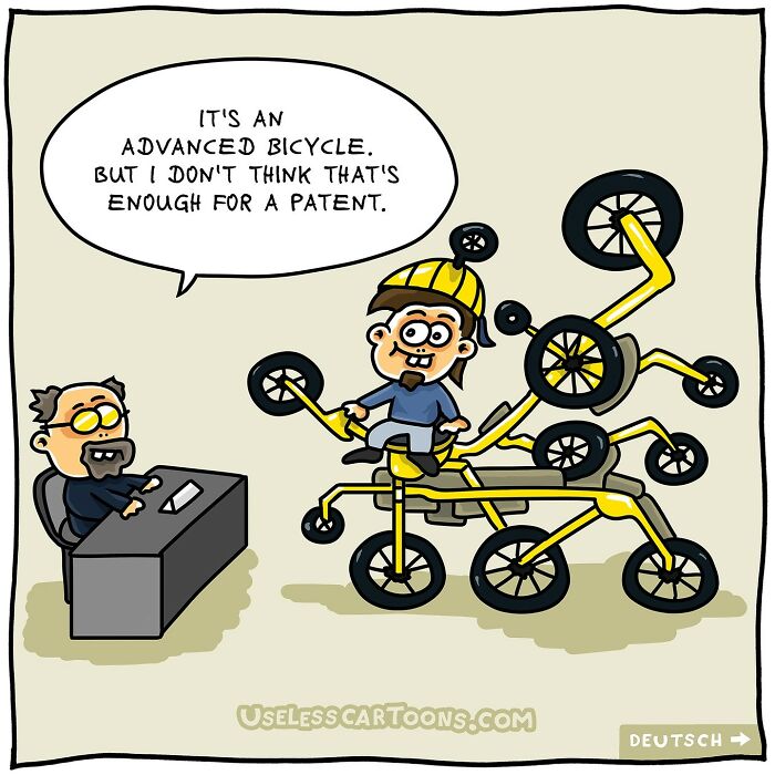 One-panel comic by Ohne Sinn showing a man with a bizarre multi-wheeled bicycle discussing its patent.