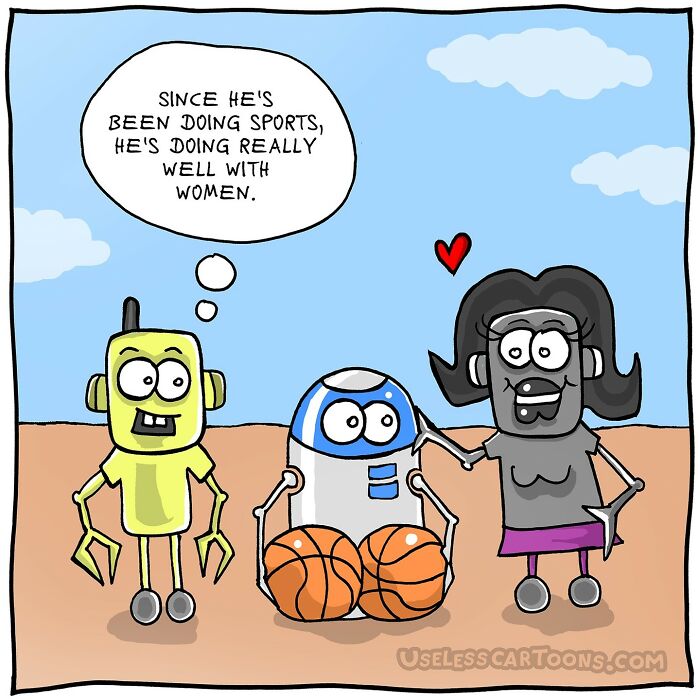 Bizarre and funny one-panel comic by Ohne Sinn showing robots with basketballs and a humorous relationship joke.