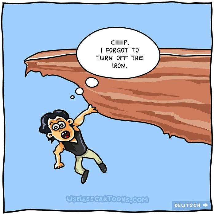 One-panel comic by Ohne Sinn showing a man hanging off a cliff while thinking about an iron left on.