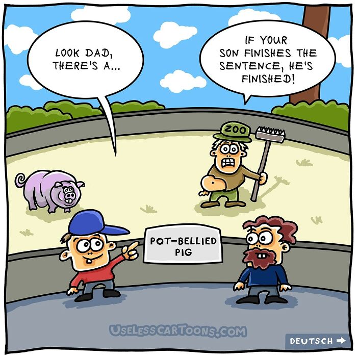 Cartoon of a boy and man at a zoo enclosure labeled pot-bellied pig, with a humorous one-panel comic scene.