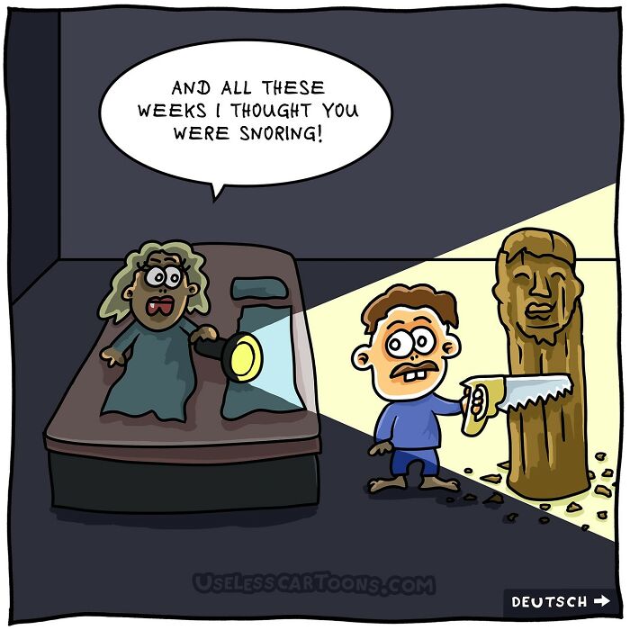 Funny one-panel comic by Ohne Sinn showing a surprised person with a flashlight and a man sawing a wooden statue.