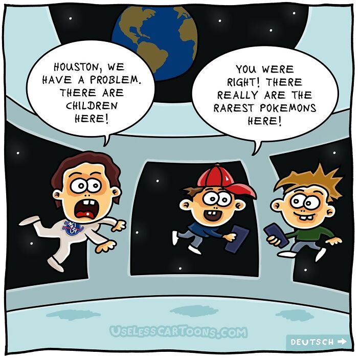 Bizarre and funny one-panel comic by Ohne Sinn showing astronauts surprised by kids hunting rare Pokemons in space.