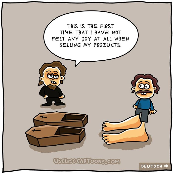 Bizarre and funny one-panel comic showing a character with giant feet next to coffins, expressing no joy selling products.