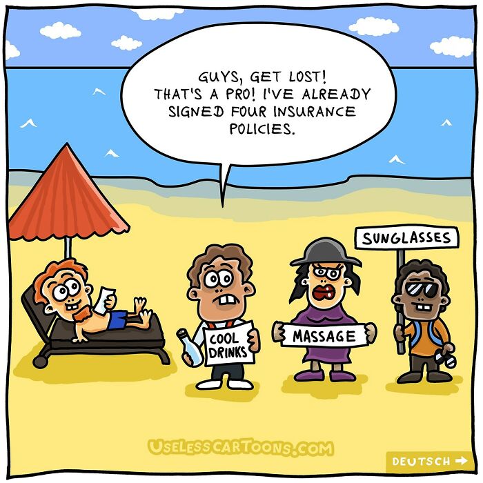 Cartoon of a man on a beach ignoring vendors while humorously claiming to be a pro in a funny comic panel.