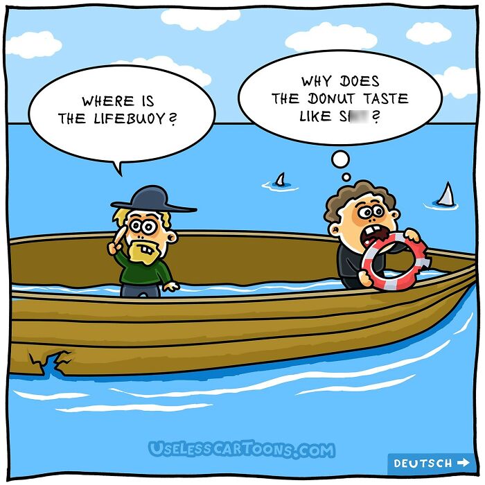 One-panel comic by Ohne Sinn showing two men in a boat, one holding a lifebuoy and the other asking about it.