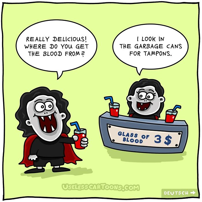 One-panel comic by Ohne Sinn showing a vampire asking about blood while buying a glass of blood for 3 dollars.
