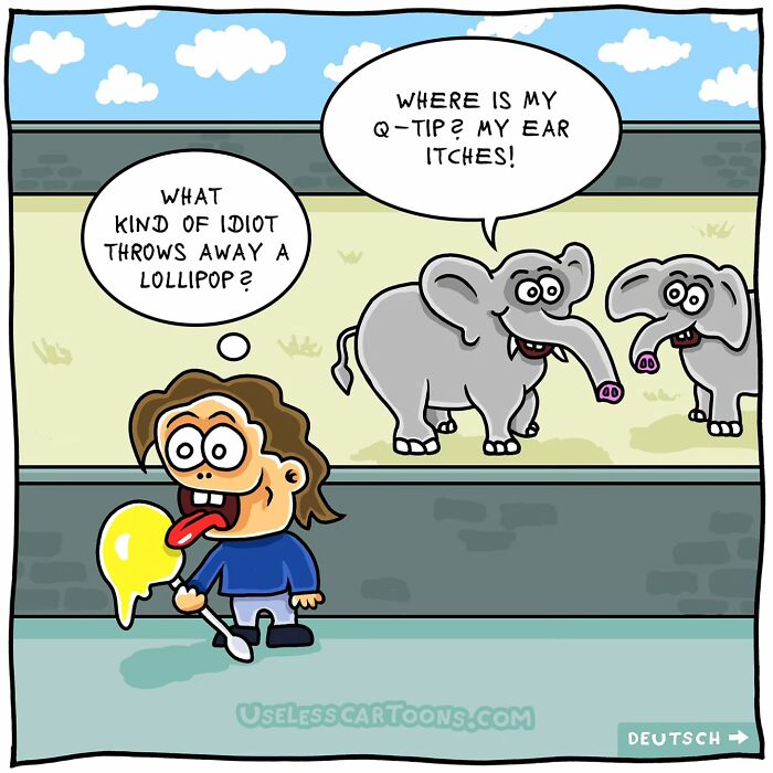 Funny one-panel comic by Ohne Sinn showing a character with a lollipop and two talking elephants in a zoo setting.