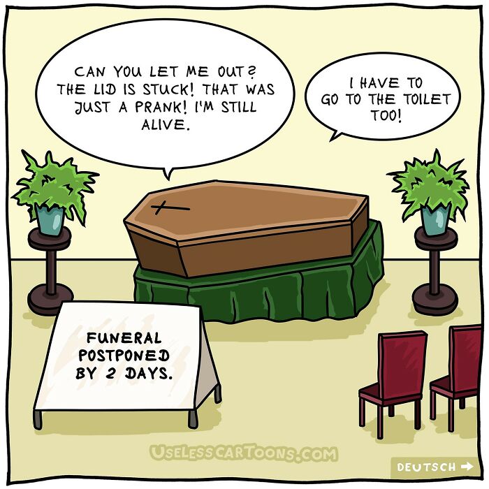 One-panel comic by Ohne Sinn showing a coffin with characters inside in a bizarre and funny scene.
