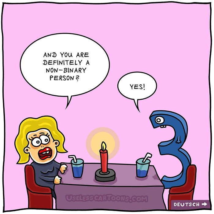 One-panel comic by Ohne Sinn showing a woman asking a number three character about being non-binary on a date.