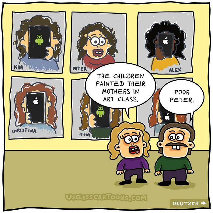 Bizarre and funny one-panel comic showing children’s art class portraits with phone brand logos covering faces.