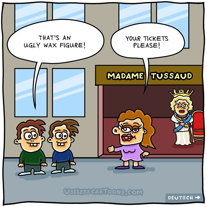 Two men comment on an ugly wax figure while a woman asks for their tickets outside a Madame Tussaud museum comic.