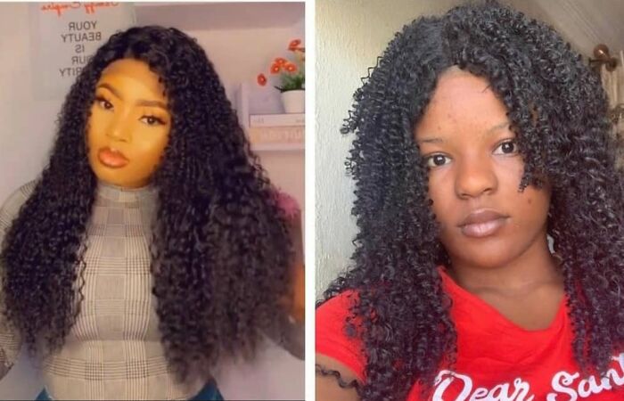 Side-by-side comparison of ordered curly hair extension versus received version showing a funny fail in hair appearance.