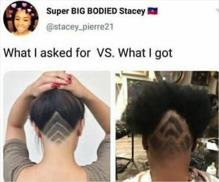 Comparison of ordered versus received haircut showing a design fail in a humorous what I ordered vs what I got fail.