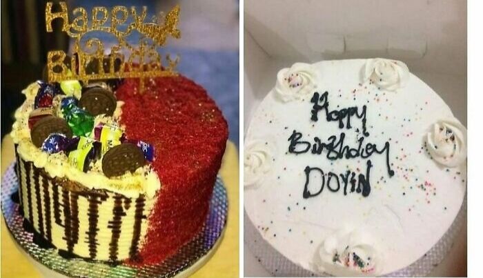 Comparison of a colorful decorated birthday cake versus a plain white cake with messy text illustrating ordering fails.